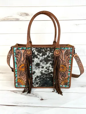 Turquoise Aztec with Sunflower Tooling Prescott Cowhide Leather Tote