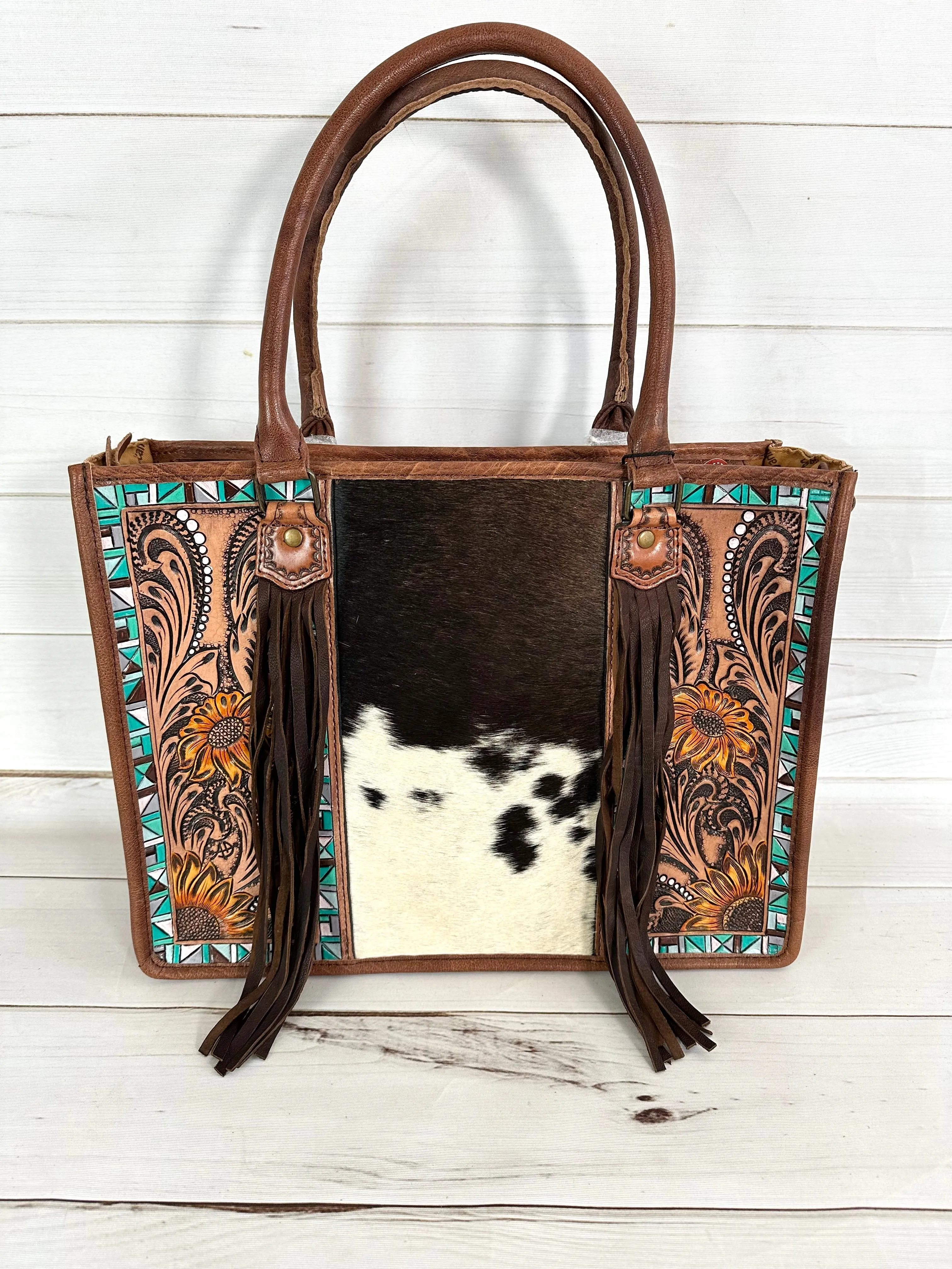 Turquoise Aztec with Sunflower Tooling Prescott Cowhide Leather Tote