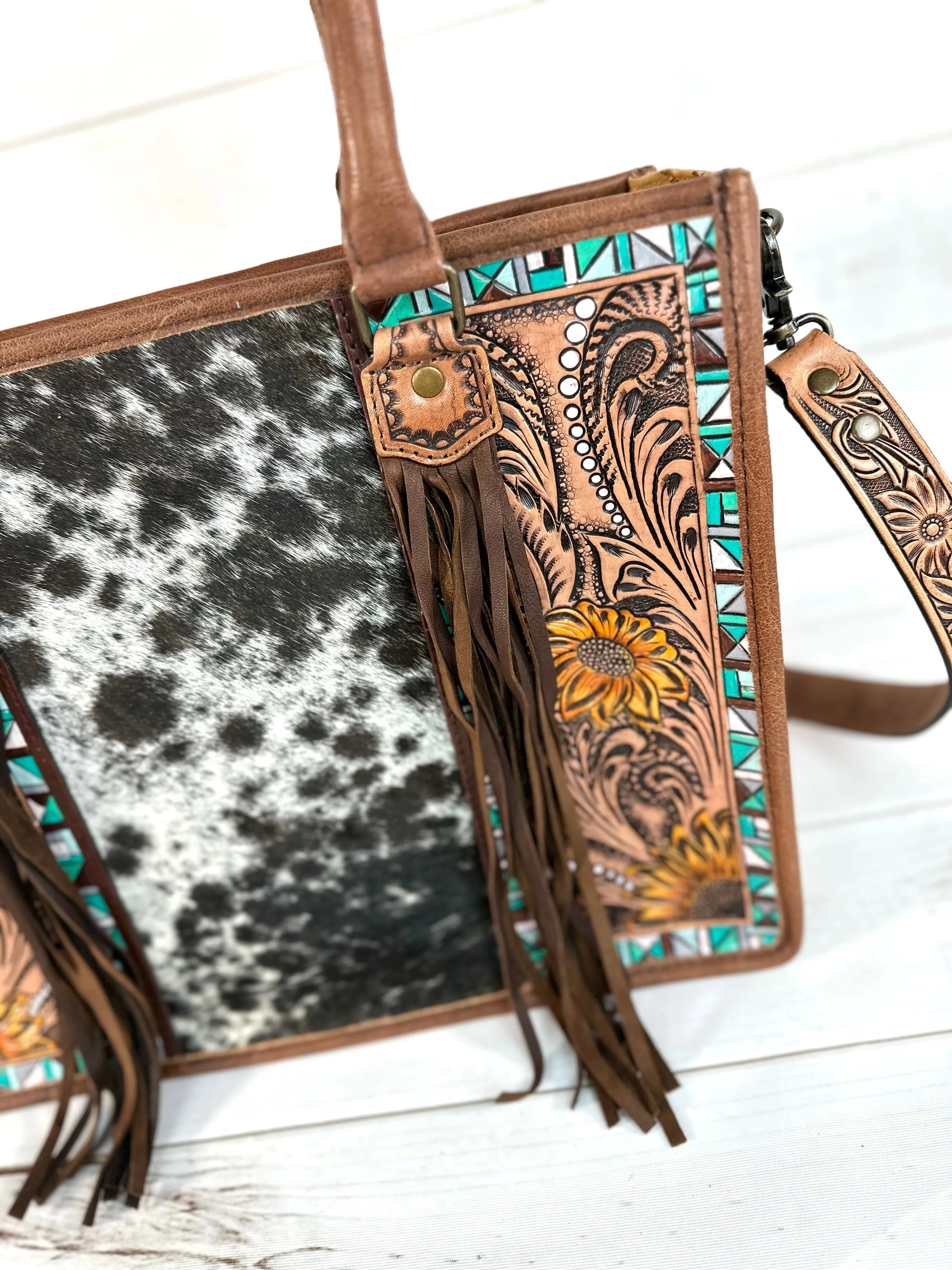 Turquoise Aztec with Sunflower Tooling Prescott Cowhide Leather Tote