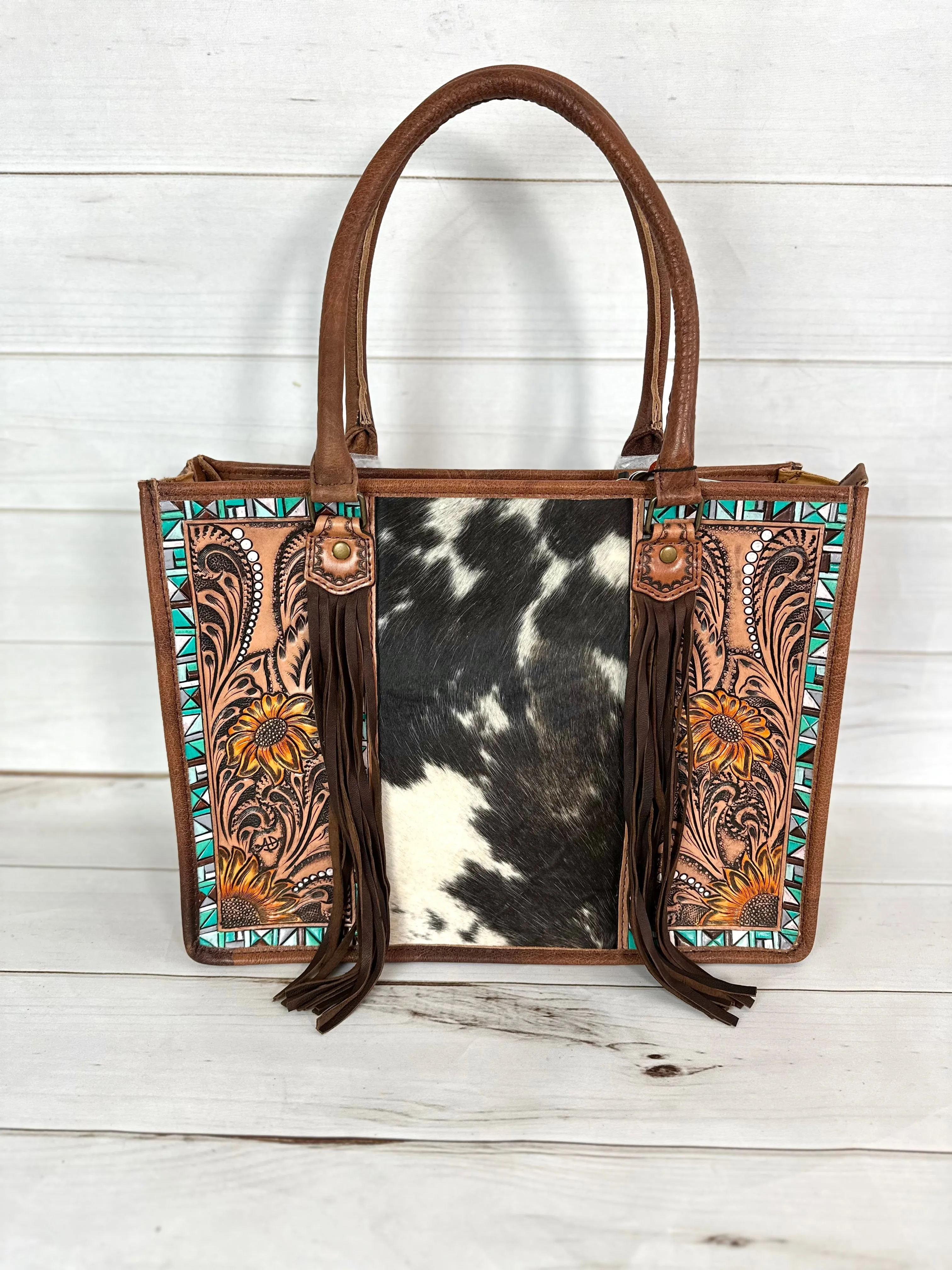 Turquoise Aztec with Sunflower Tooling Prescott Cowhide Leather Tote