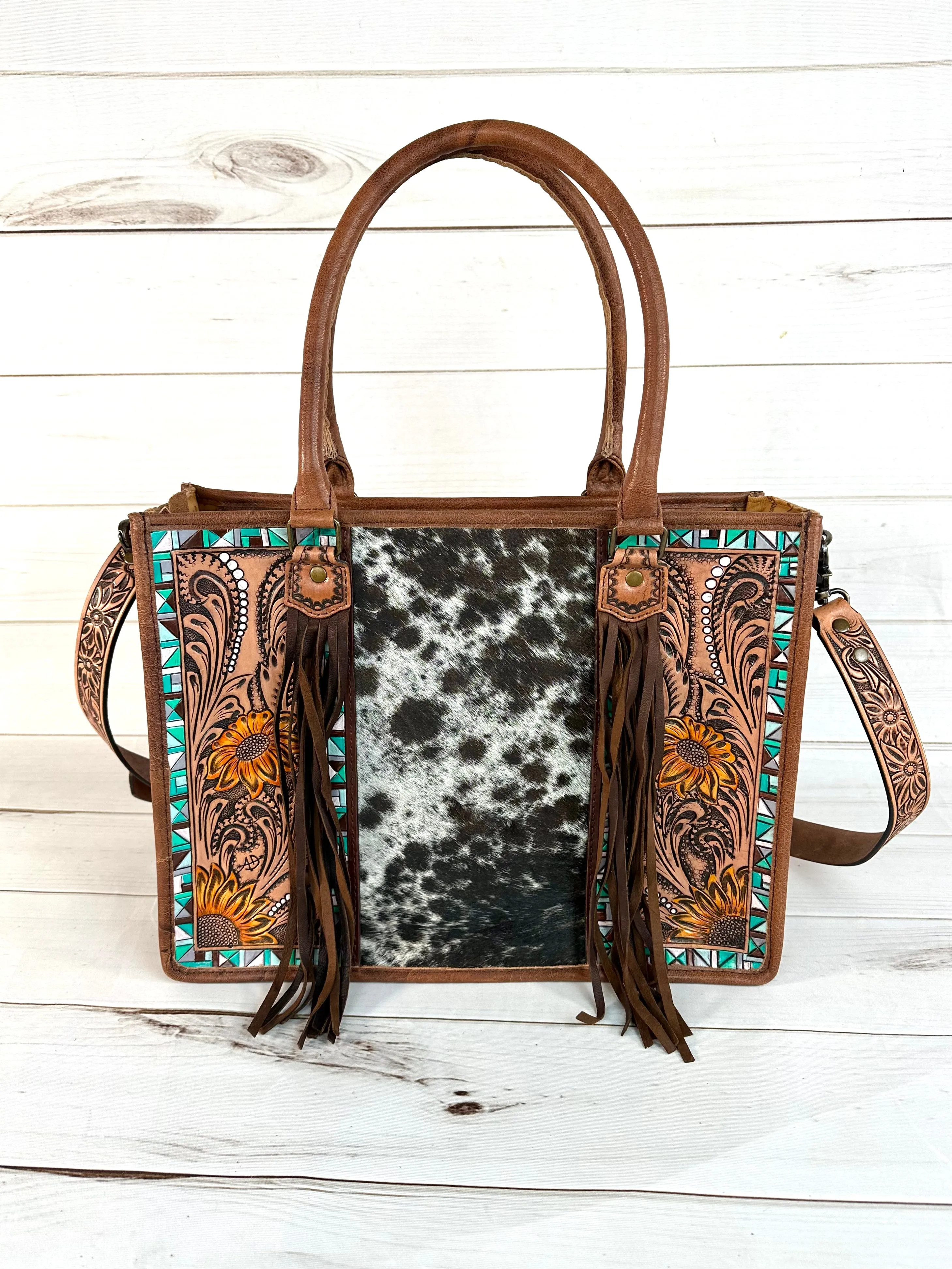 Turquoise Aztec with Sunflower Tooling Prescott Cowhide Leather Tote