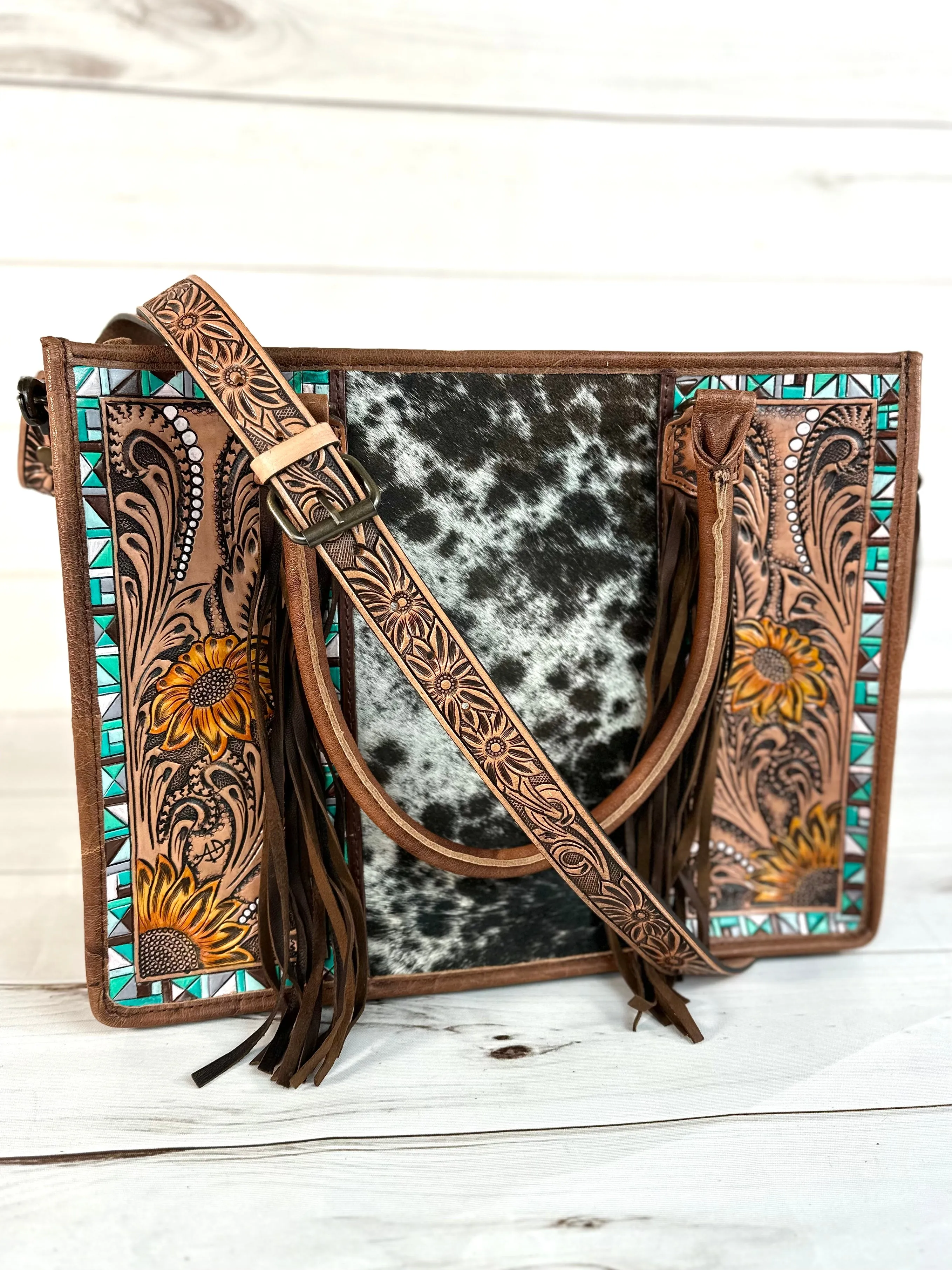 Turquoise Aztec with Sunflower Tooling Prescott Cowhide Leather Tote