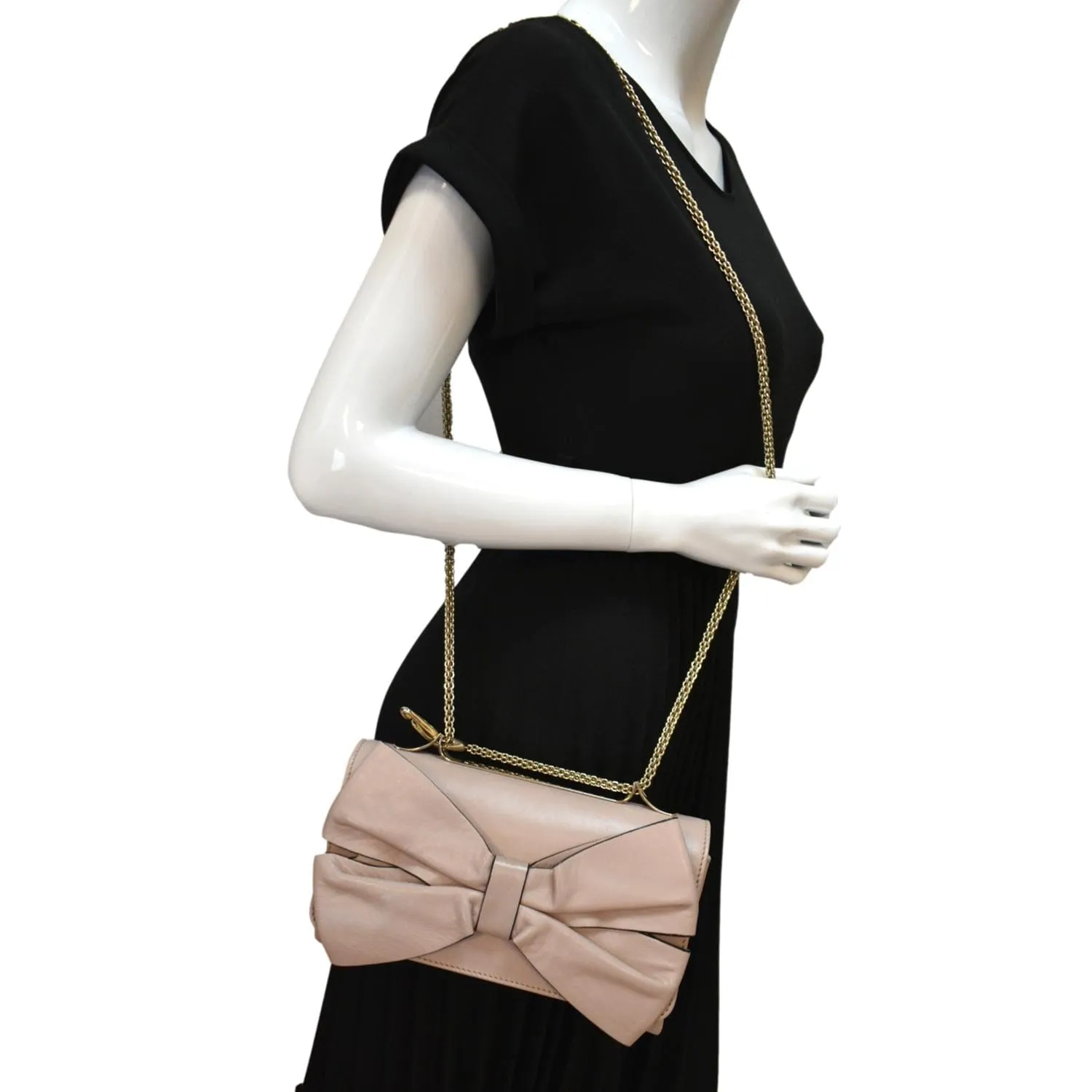 VALENTINO Garavani Bow Chain Leather Shoulder Bag Light Pink
