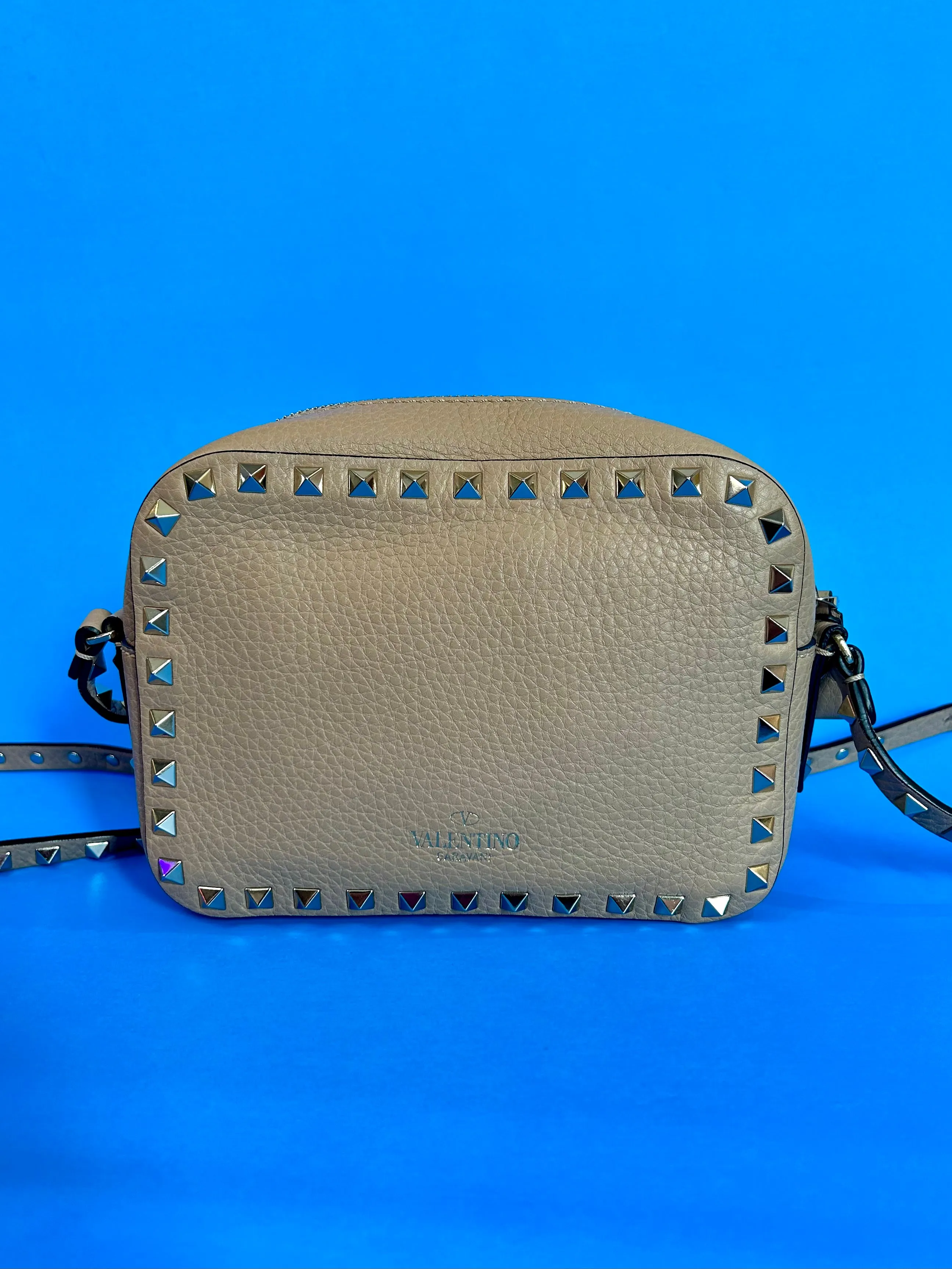 Valentino Mini Pebbled Leather Camera Shoulder Bag in Beige