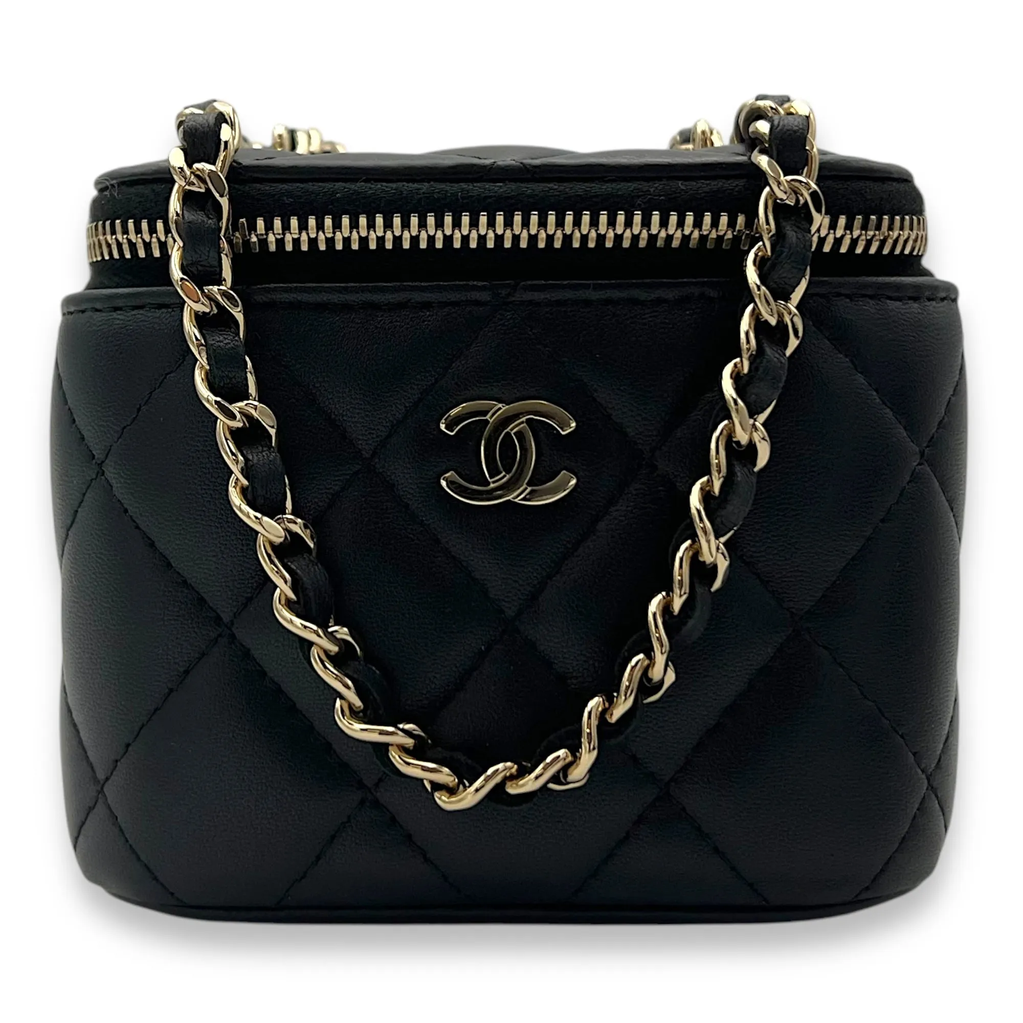 Vanity Mini Black Crossbody Bag in Lambskin, Gold hardware
