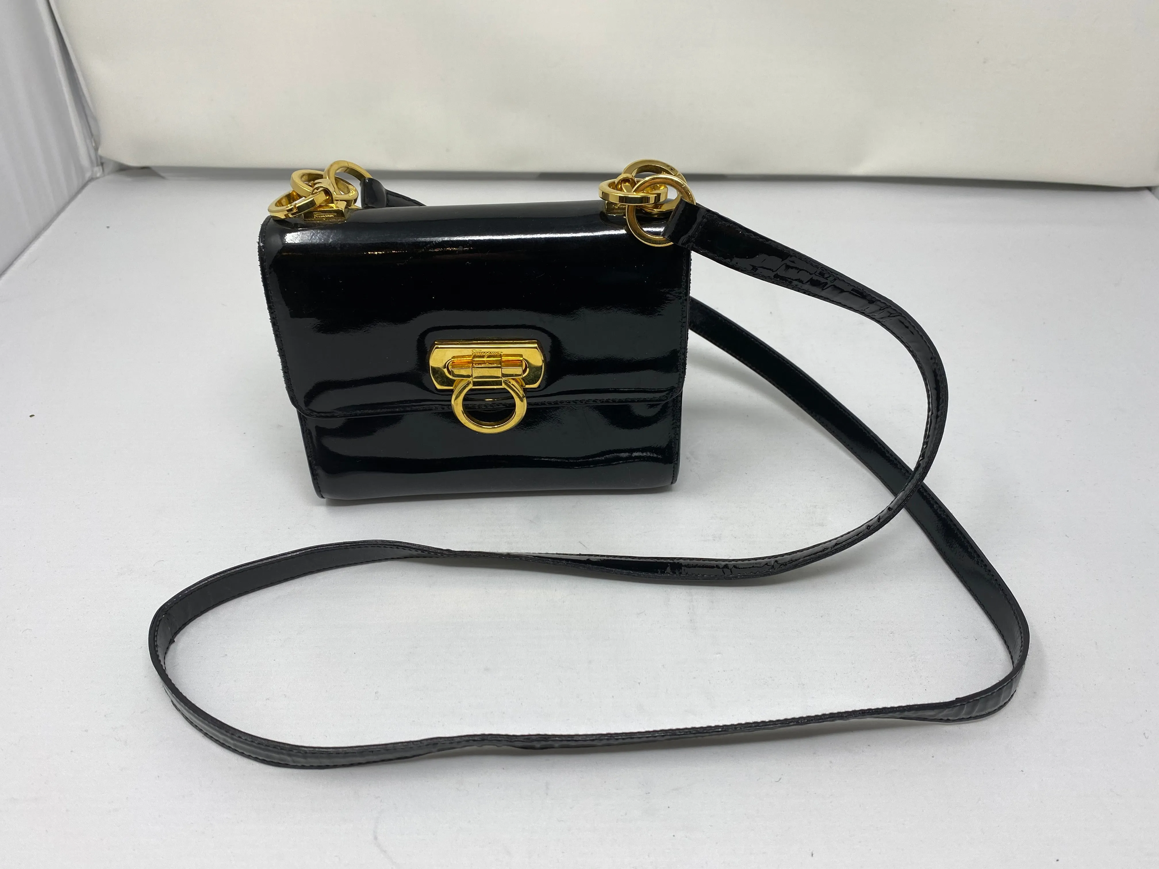 Vintage: Ferregamo Patent Leather Mini Crossbody Purse with gold hardware