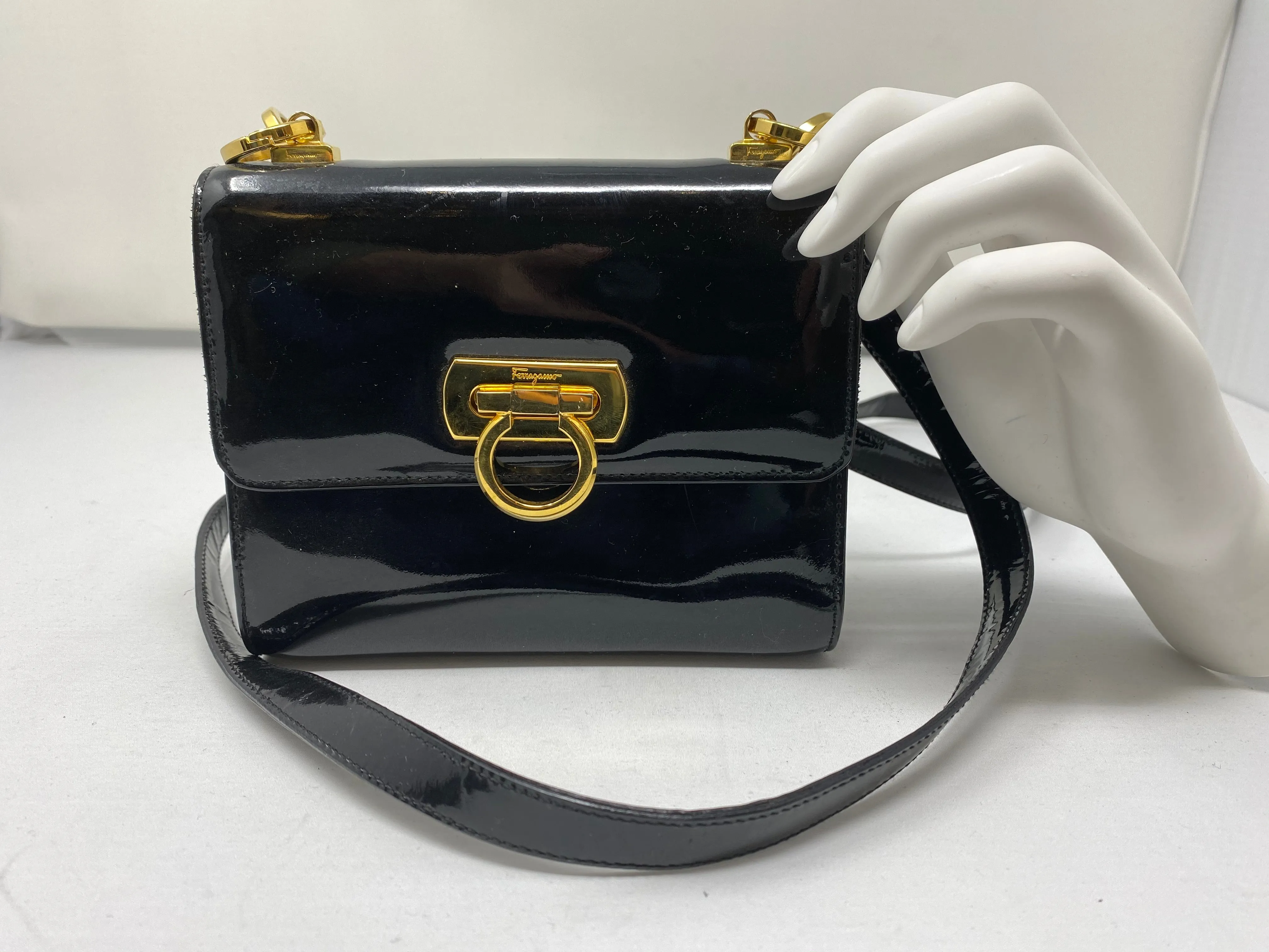 Vintage: Ferregamo Patent Leather Mini Crossbody Purse with gold hardware