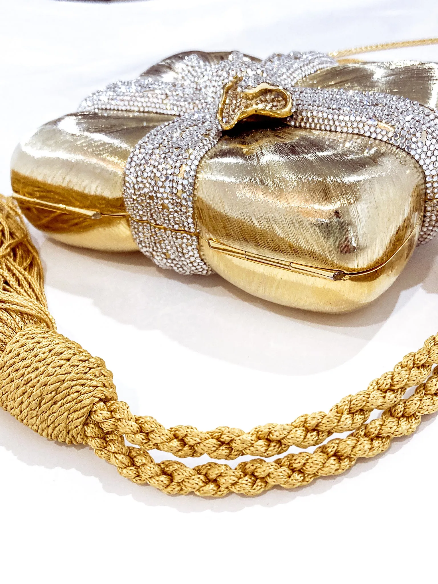 Vintage Judith Leiber Gold Present Large Tassel Crossbody Clutch Bag