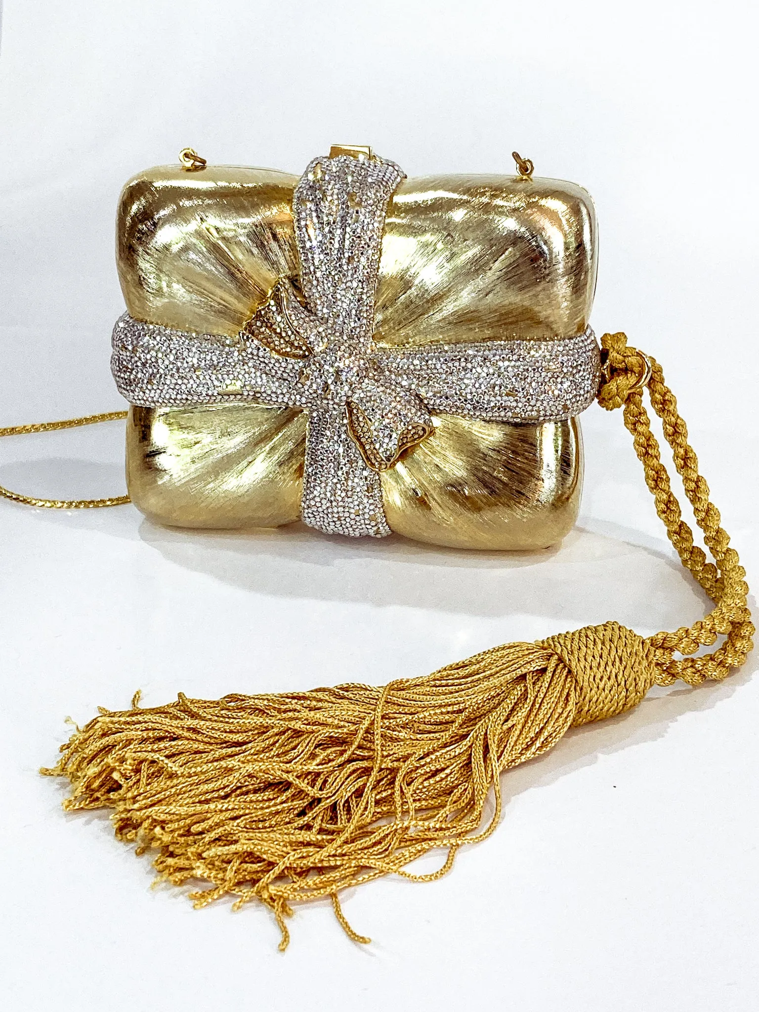 Vintage Judith Leiber Gold Present Large Tassel Crossbody Clutch Bag