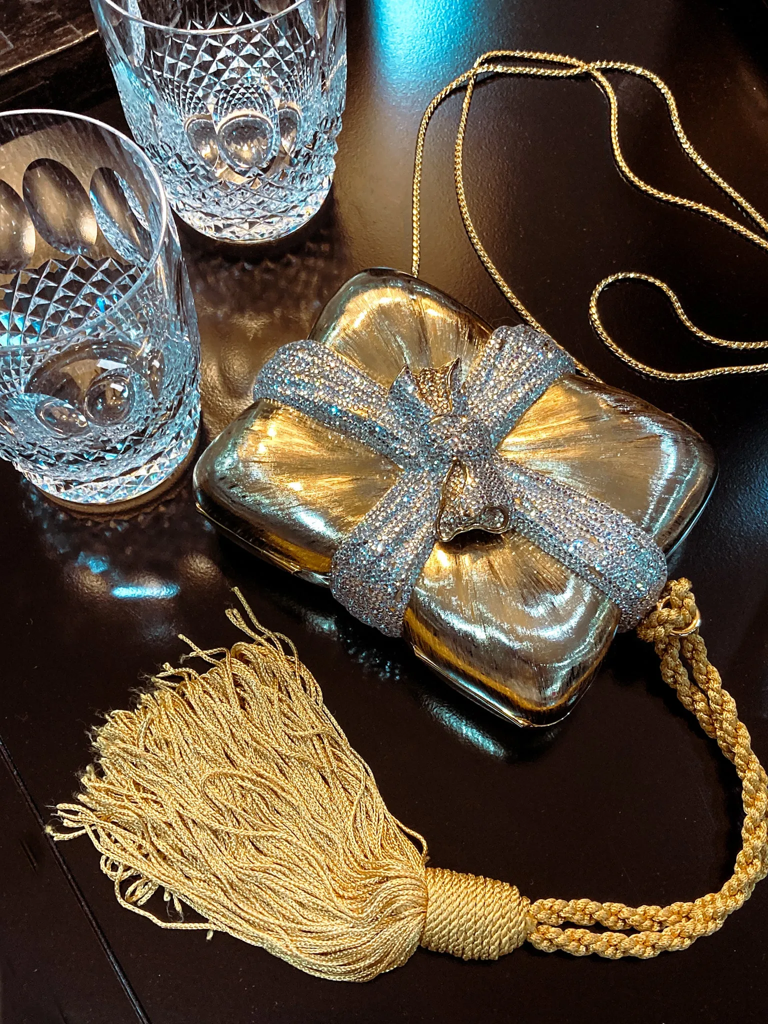 Vintage Judith Leiber Gold Present Large Tassel Crossbody Clutch Bag