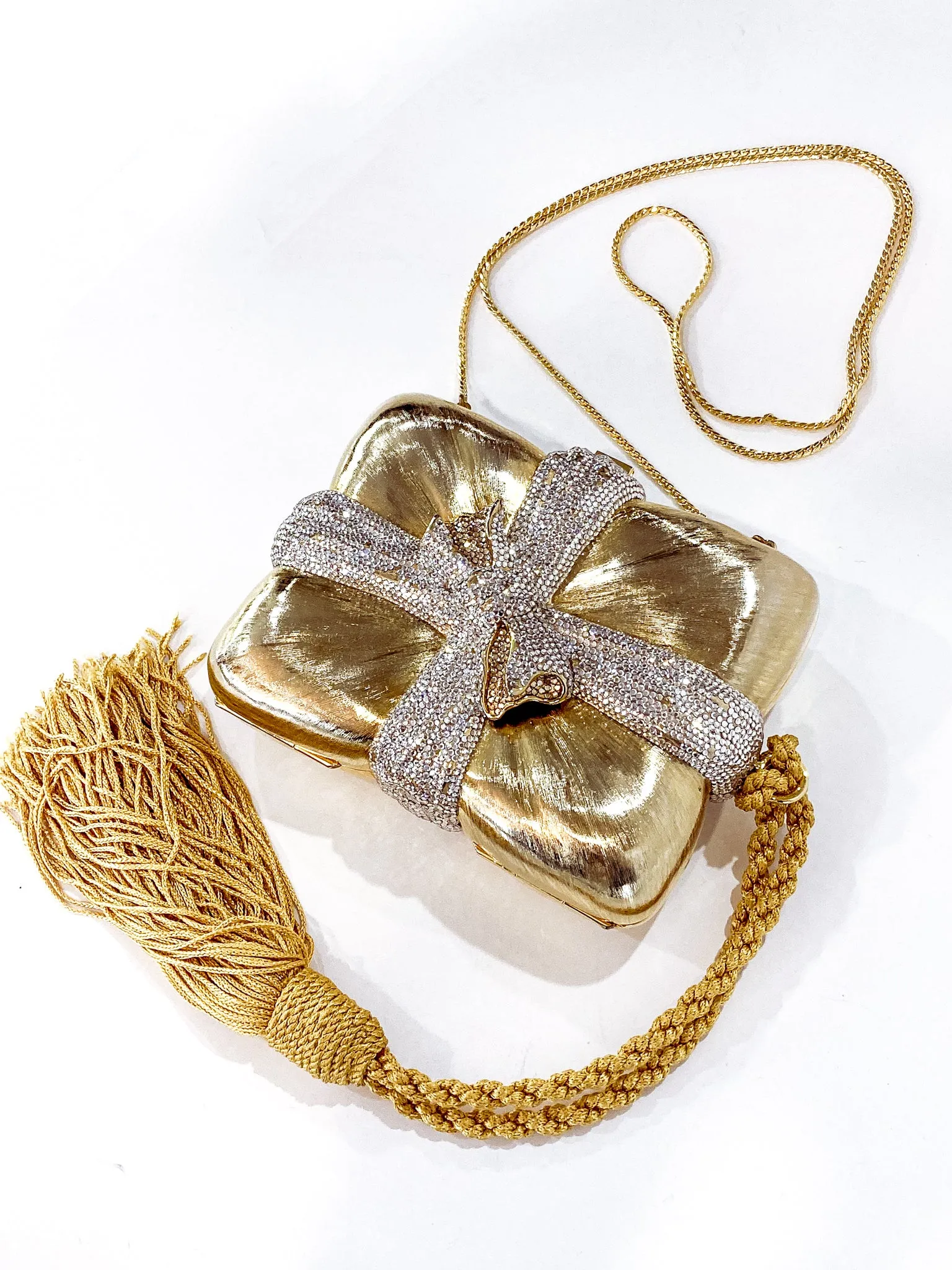 Vintage Judith Leiber Gold Present Large Tassel Crossbody Clutch Bag