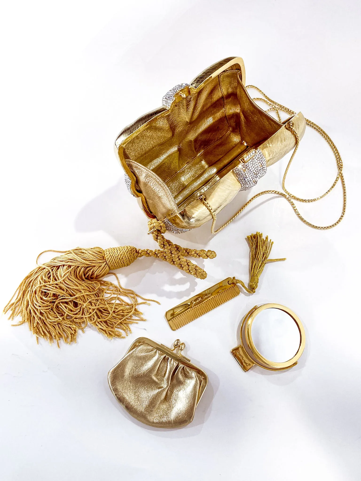 Vintage Judith Leiber Gold Present Large Tassel Crossbody Clutch Bag