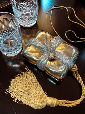 Vintage Judith Leiber Gold Present Large Tassel Crossbody Clutch Bag