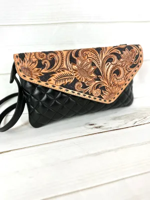 Western Black Quilted Leather Tooled Envelope Style Purse