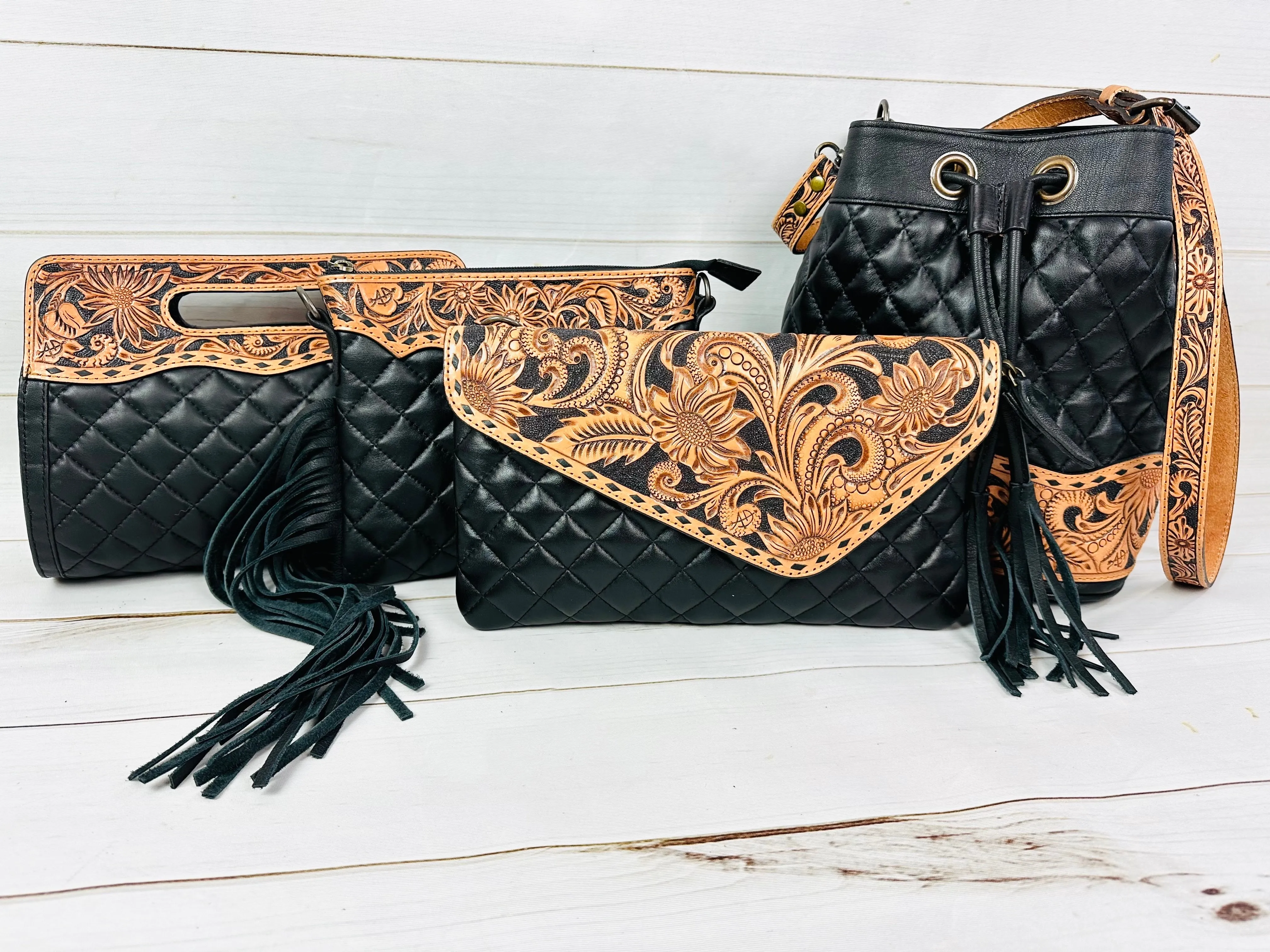 Western Black Quilted Leather Tooled Envelope Style Purse