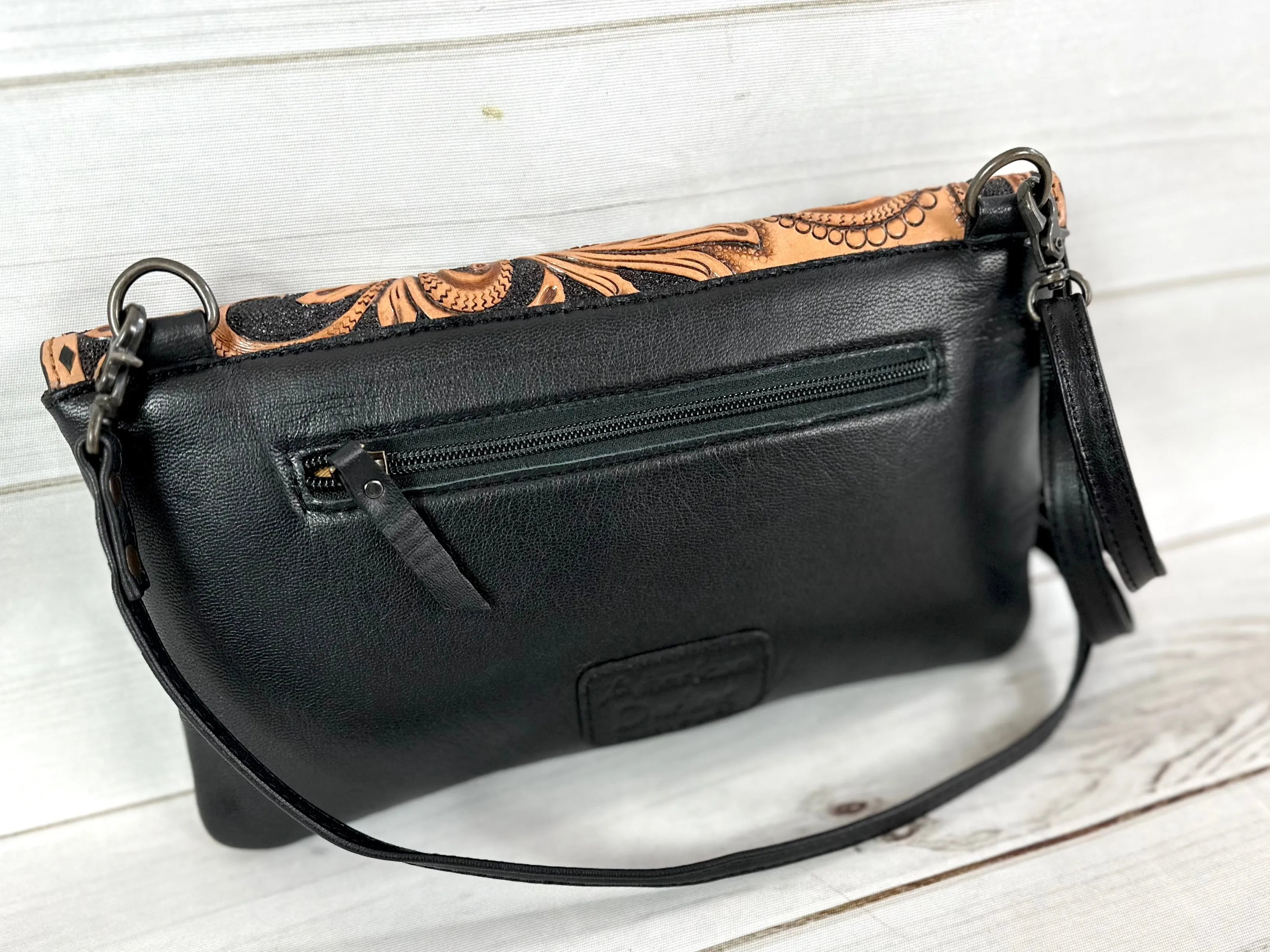 Western Black Quilted Leather Tooled Envelope Style Purse