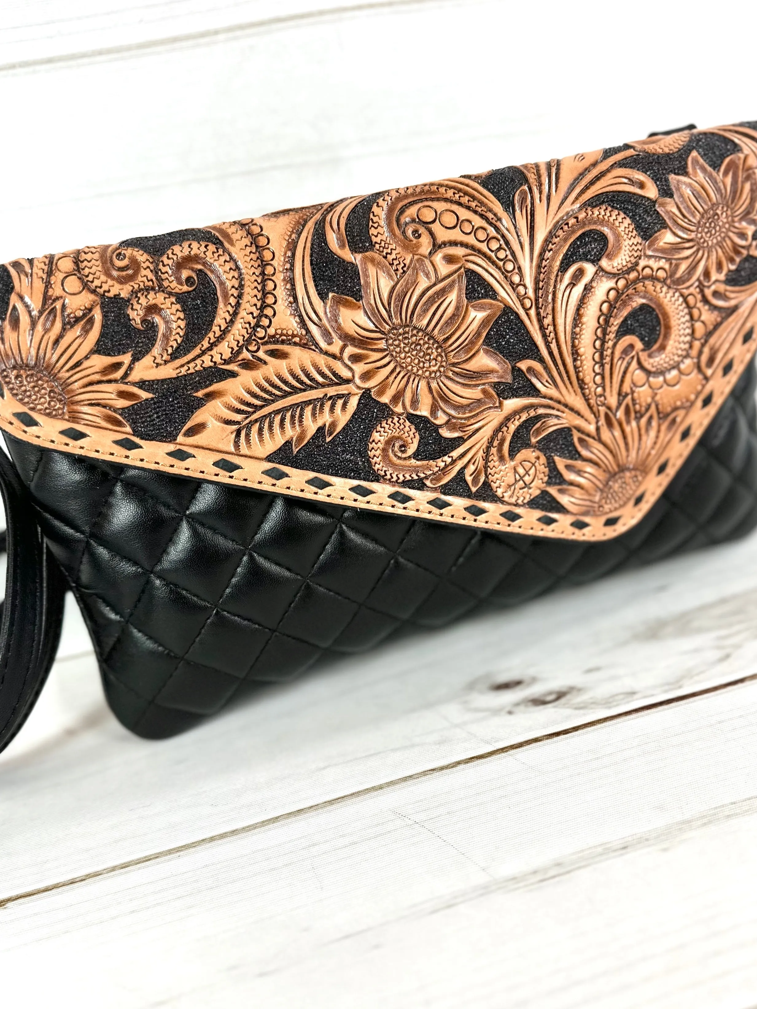 Western Black Quilted Leather Tooled Envelope Style Purse