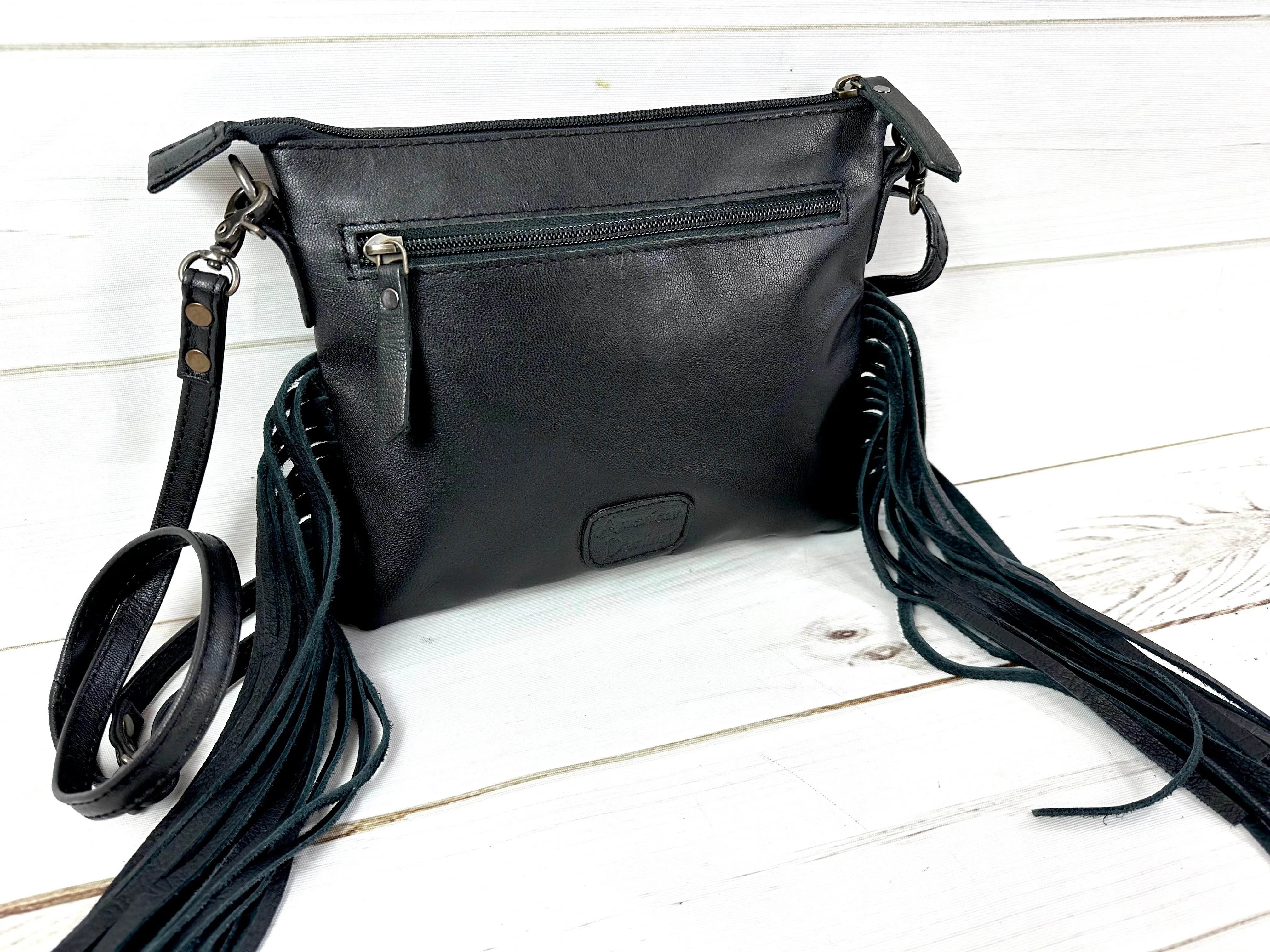 Western Black Quilted Leather Tooled Fringe Purse