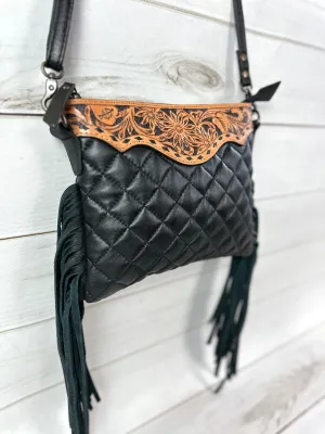 Western Black Quilted Leather Tooled Fringe Purse