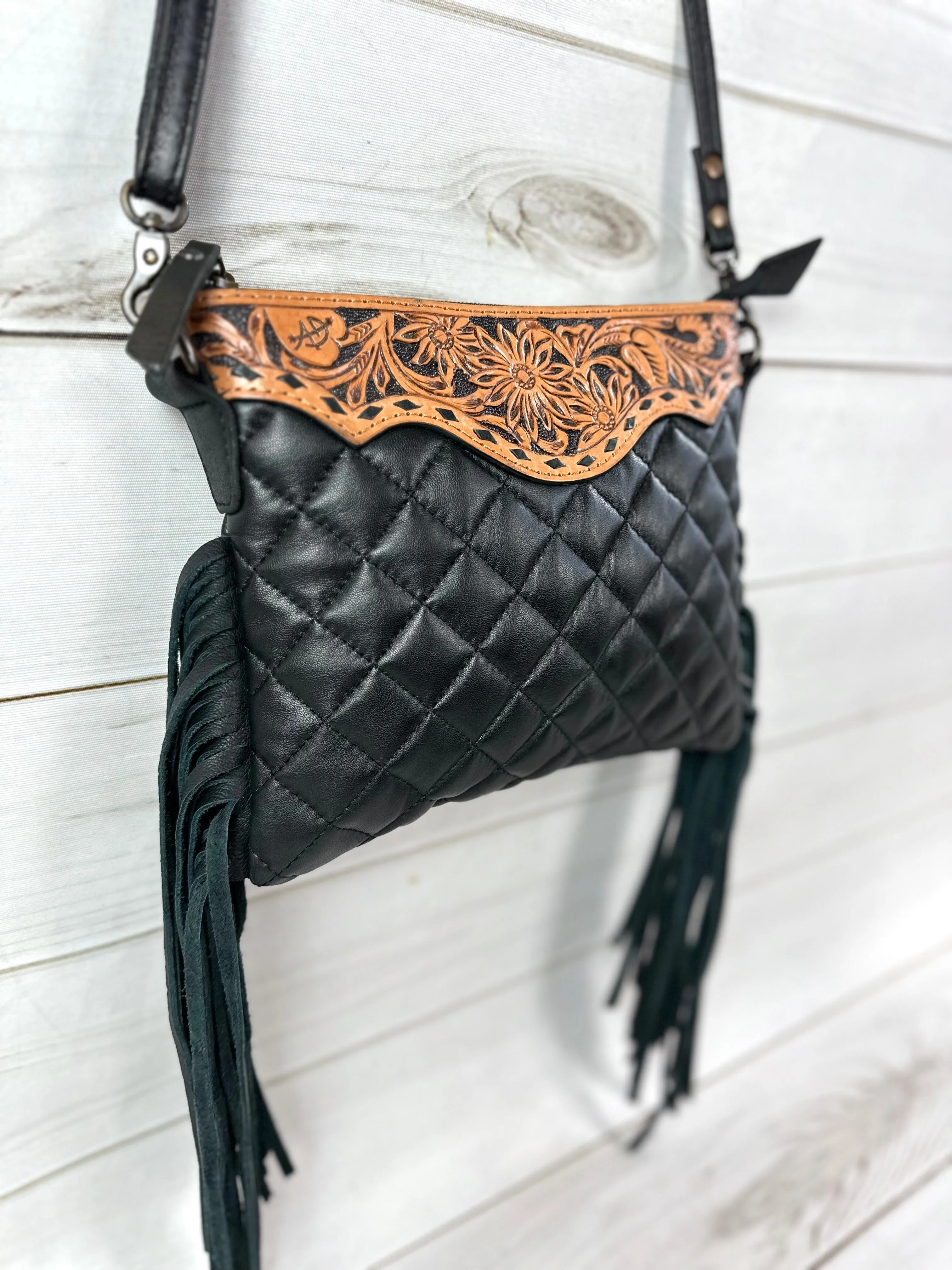 Western Black Quilted Leather Tooled Fringe Purse