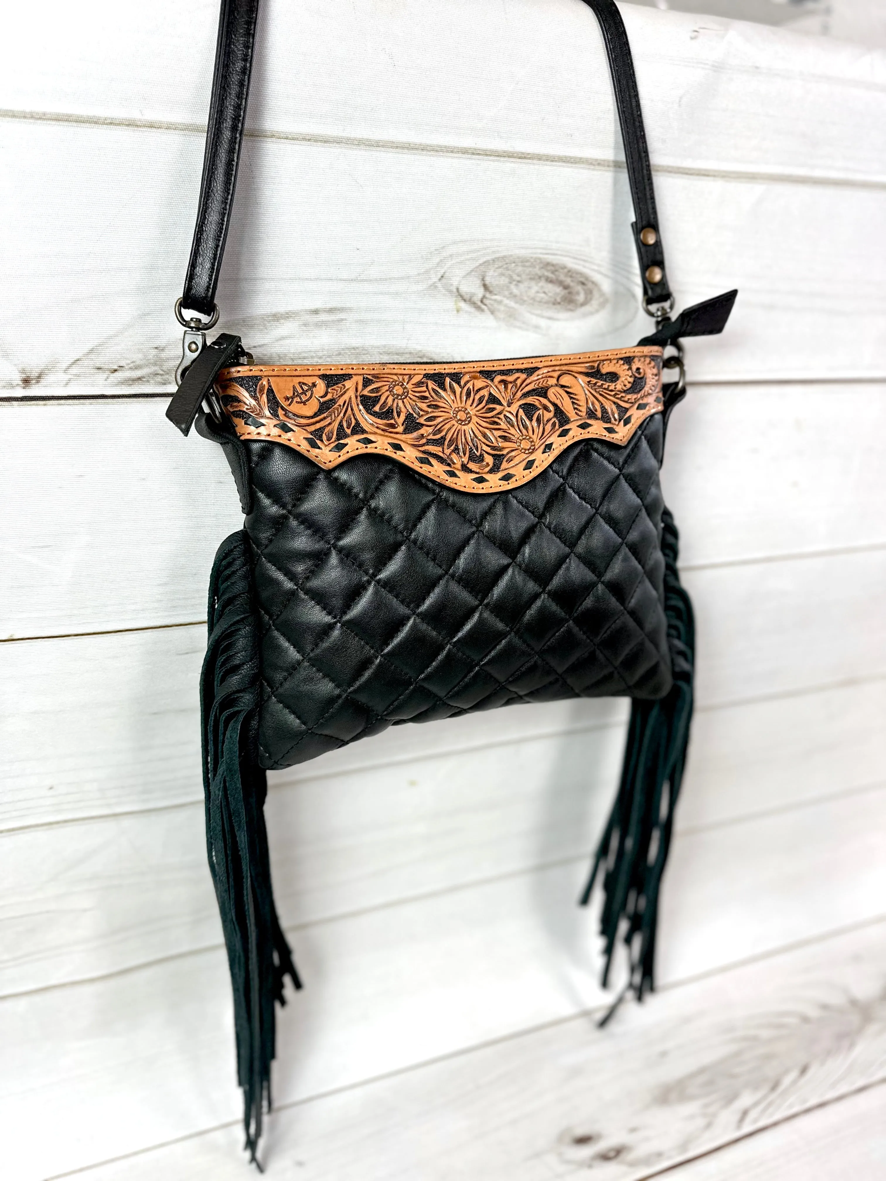 Western Black Quilted Leather Tooled Fringe Purse