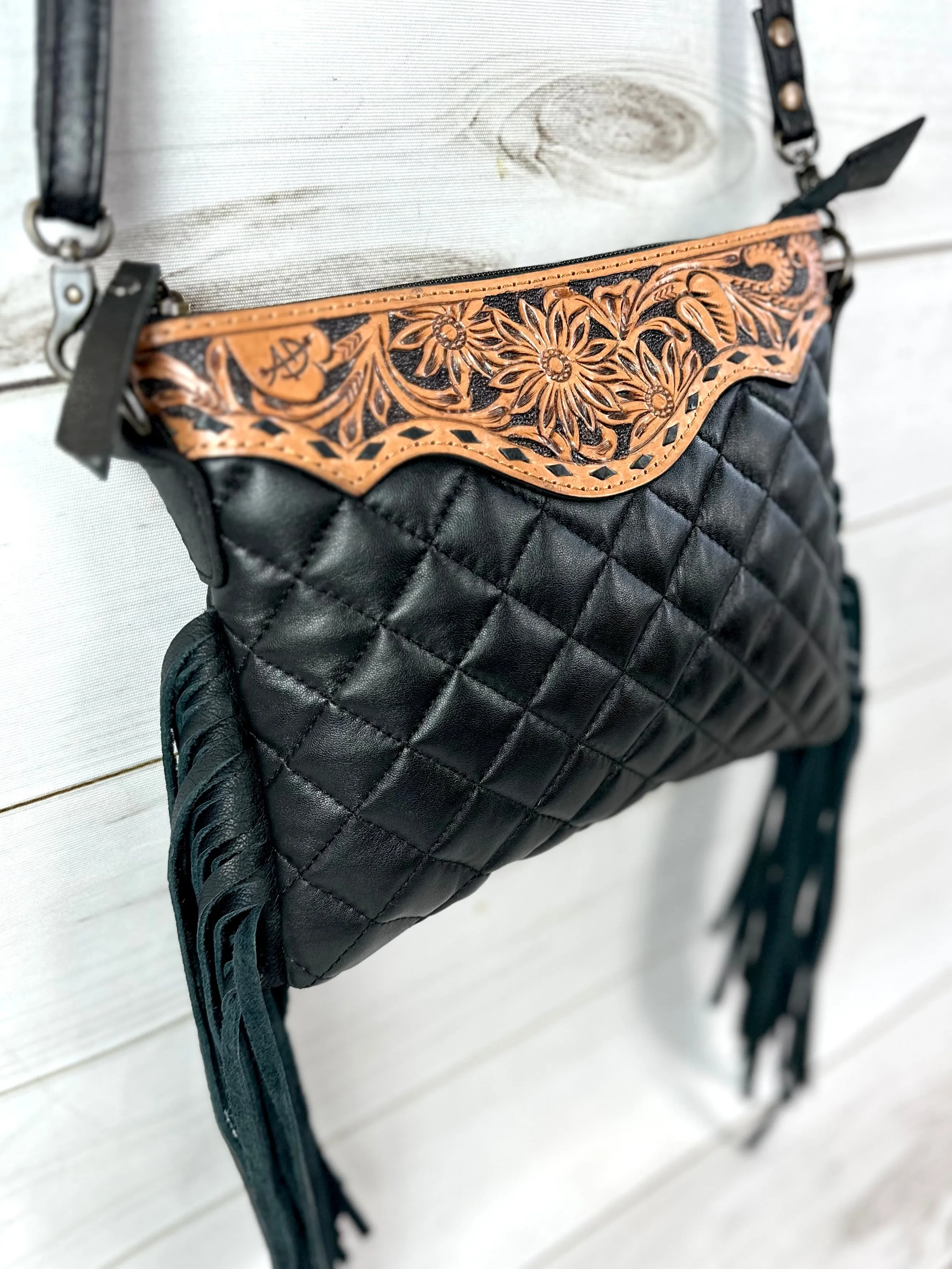 Western Black Quilted Leather Tooled Fringe Purse