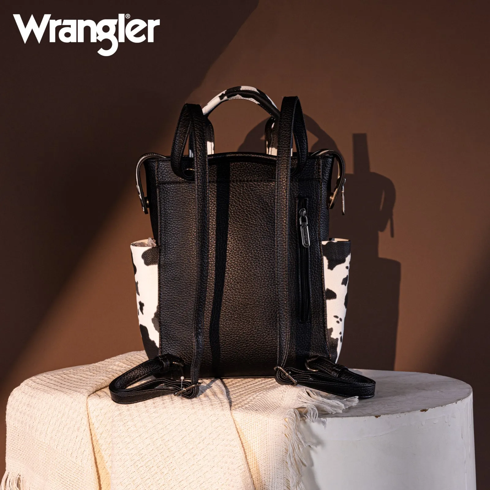 WG161-9112  Wrangler  Cow Print Tote/Shoulder Bag Convertible Backpack - BK-OW
