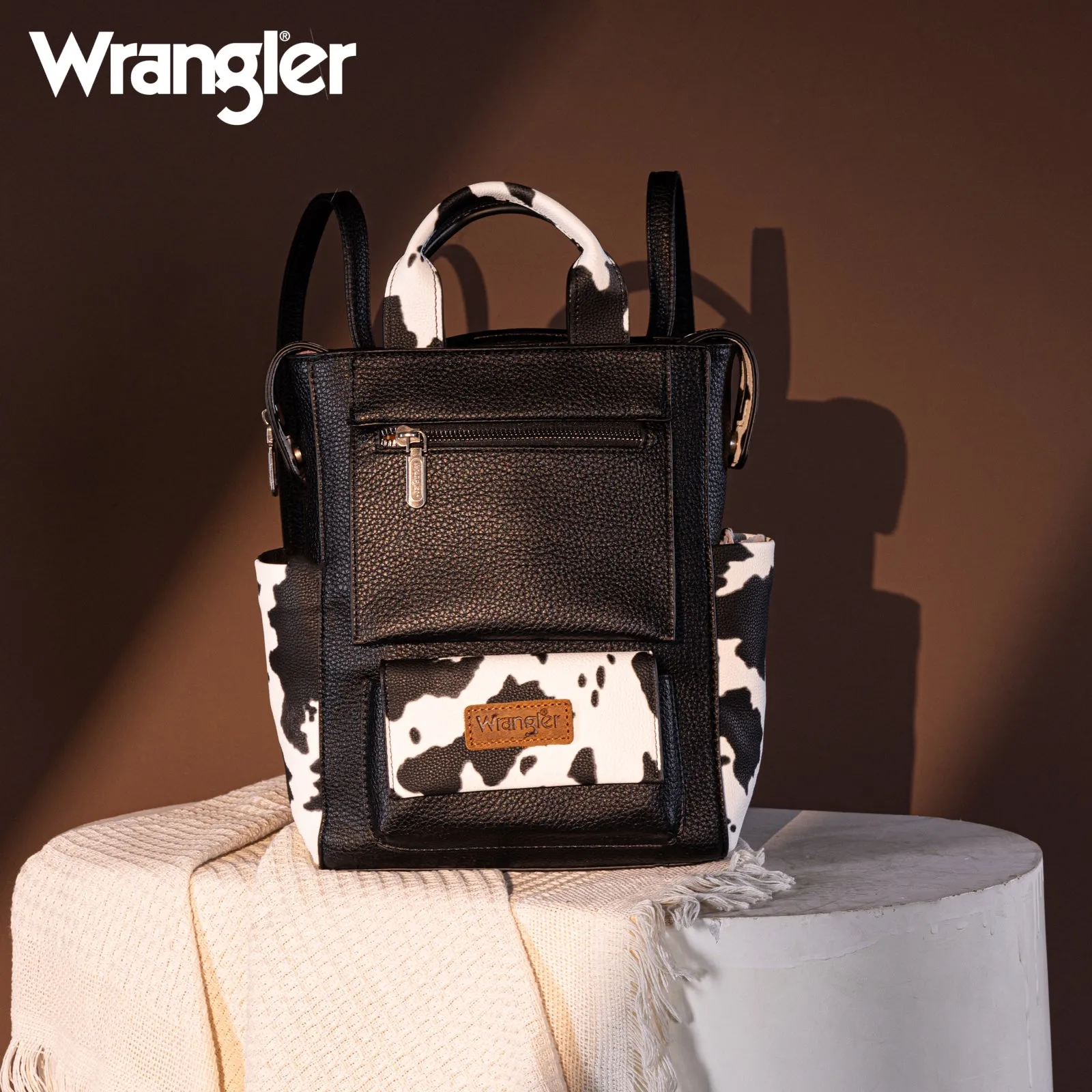 WG161-9112  Wrangler  Cow Print Tote/Shoulder Bag Convertible Backpack - BK-OW