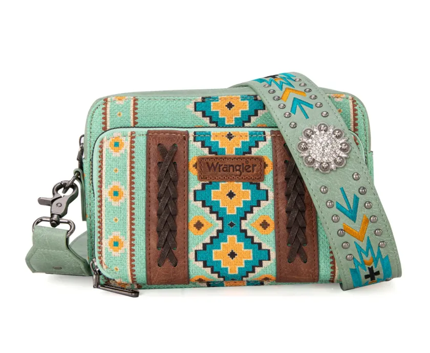 WG2207-3003 Wrangler Aztec Printed Crossbody Purse With Wallet Compartment - Green