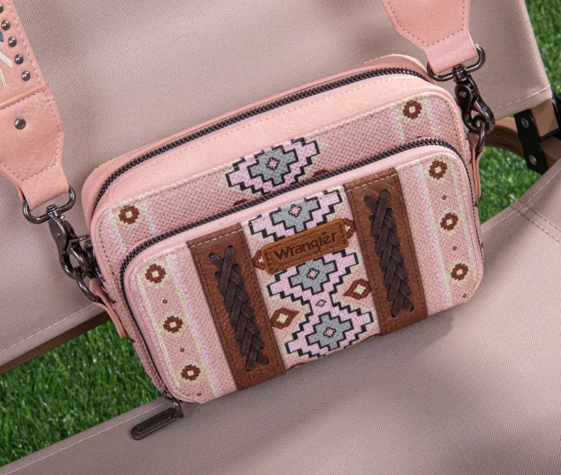 WG2207-3003 Wrangler Aztec Printed Crossbody Purse With Wallet Compartment - Pink