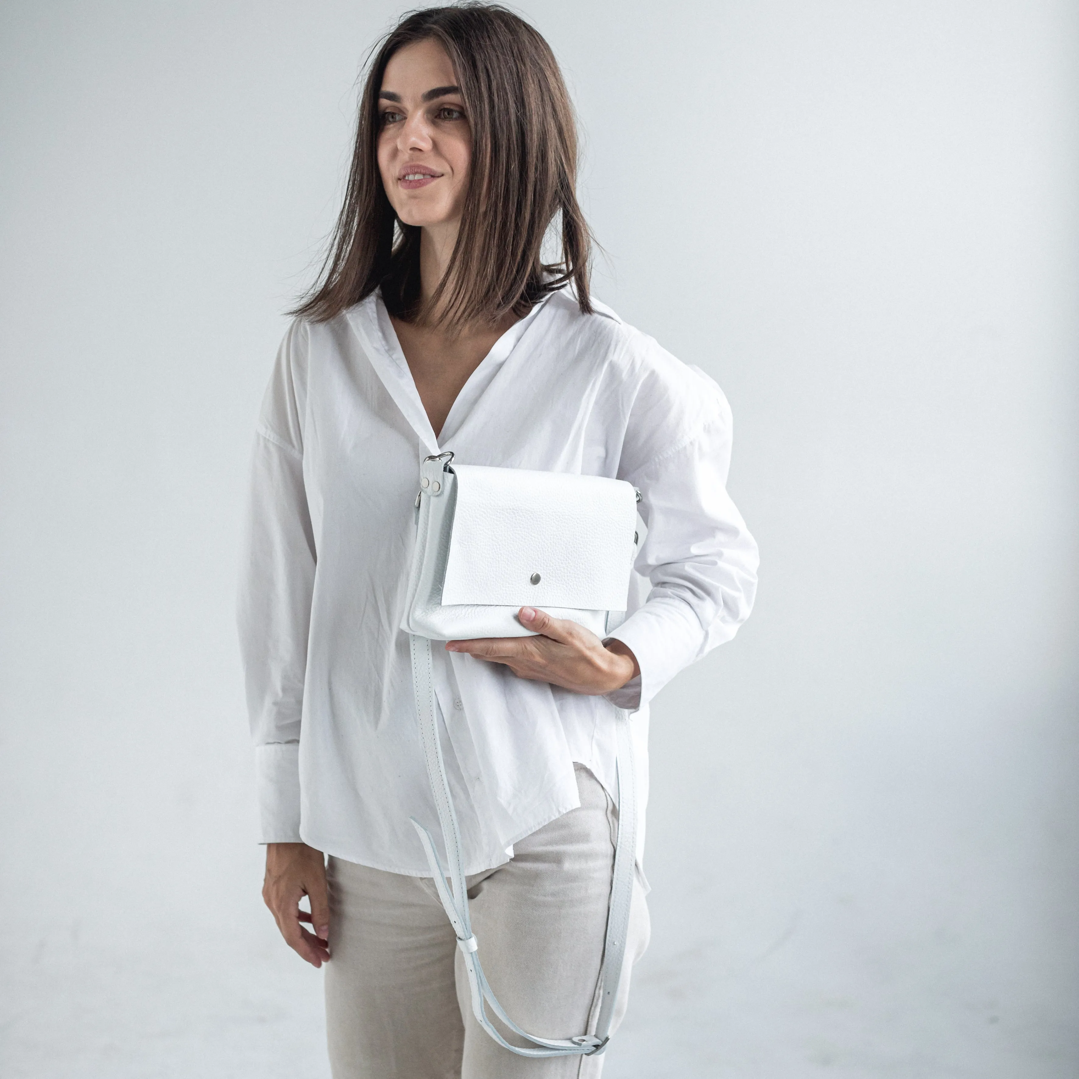 White pebbled leather crossbody bag