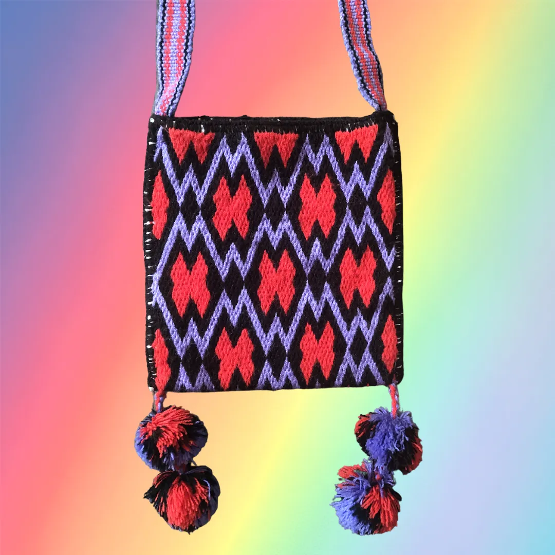 Wixrarika Sacred Bag Purple & Red Pom Poms