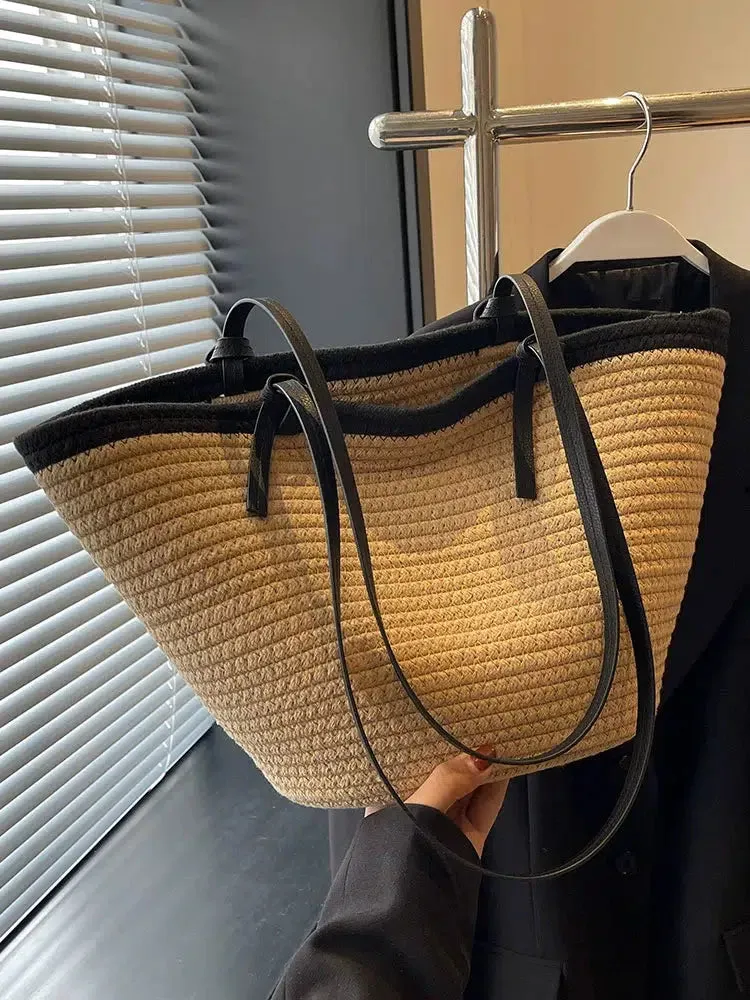 Woven Straw Leather Straps Tote Bag