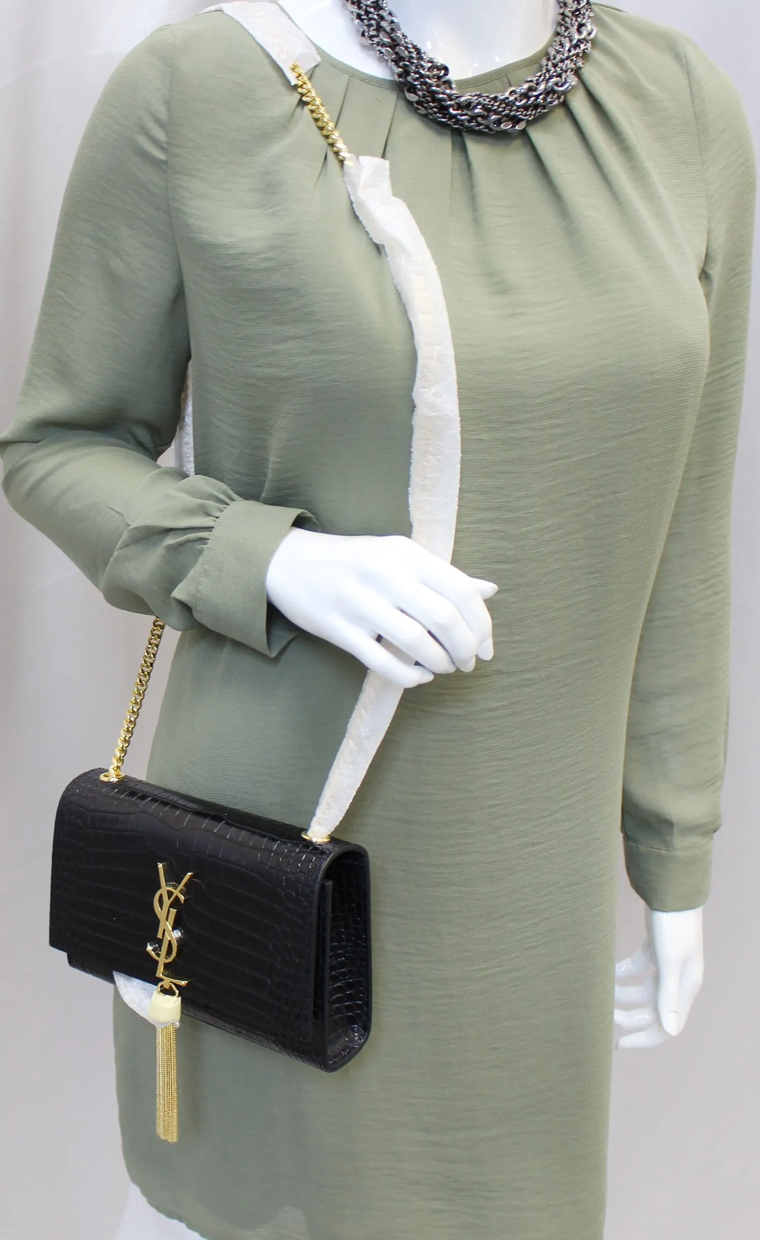 YVES SAINT LAURENT Crocodile Black Leather Chain Clutch Crossbody Bag
