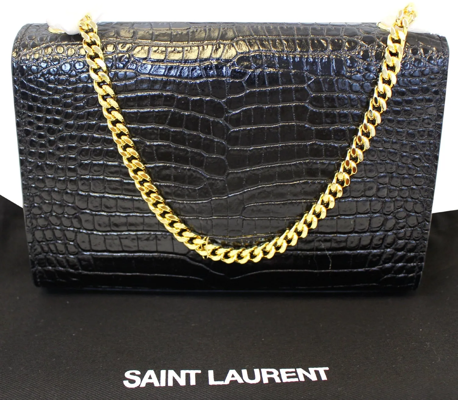 YVES SAINT LAURENT Crocodile Black Leather Chain Clutch Crossbody Bag