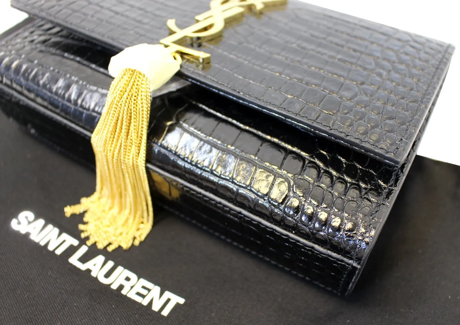 YVES SAINT LAURENT Crocodile Black Leather Chain Clutch Crossbody Bag