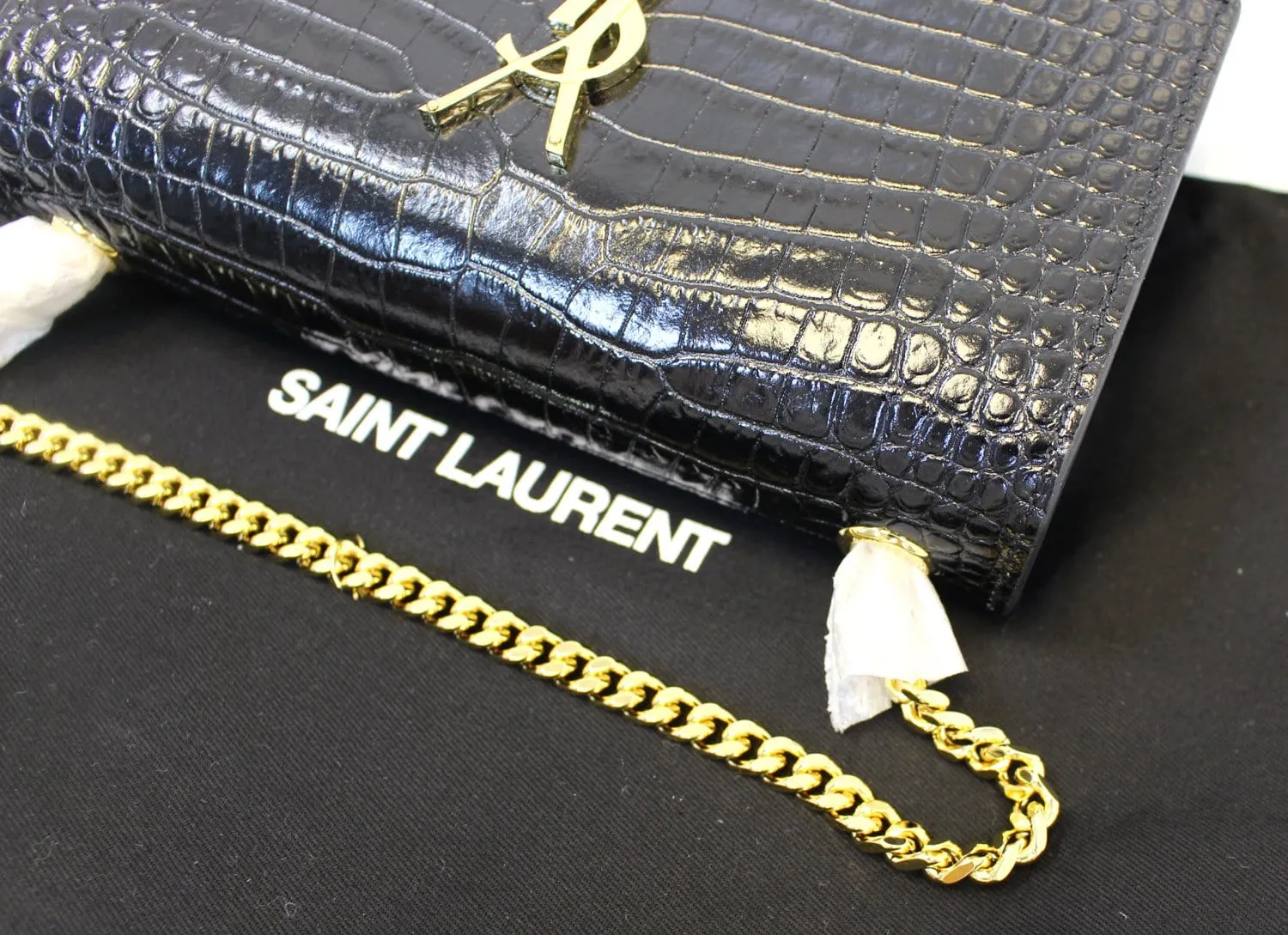 YVES SAINT LAURENT Crocodile Black Leather Chain Clutch Crossbody Bag