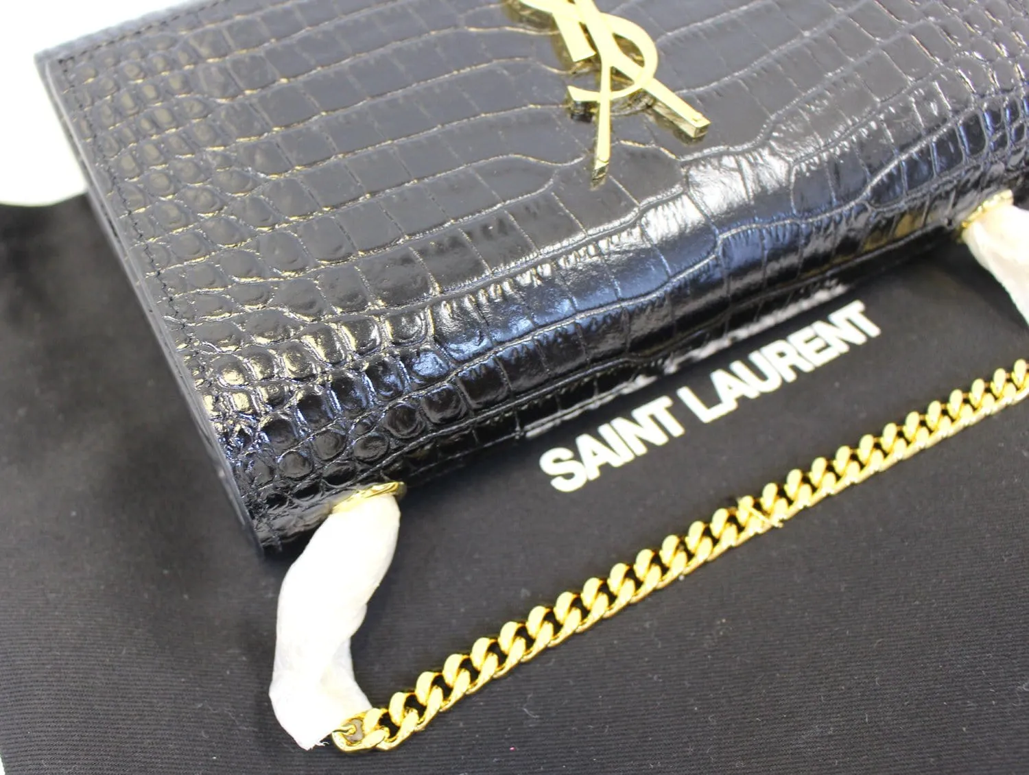 YVES SAINT LAURENT Crocodile Black Leather Chain Clutch Crossbody Bag