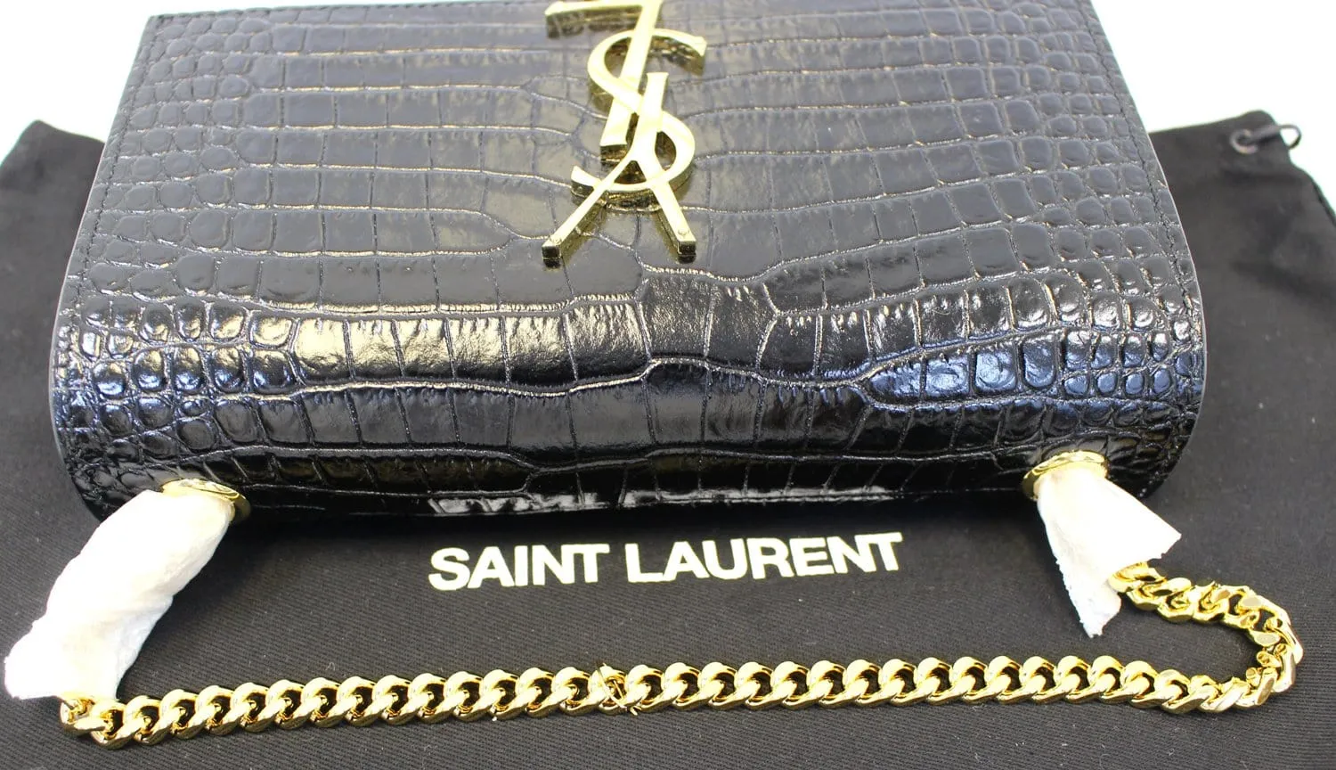 YVES SAINT LAURENT Crocodile Black Leather Chain Clutch Crossbody Bag