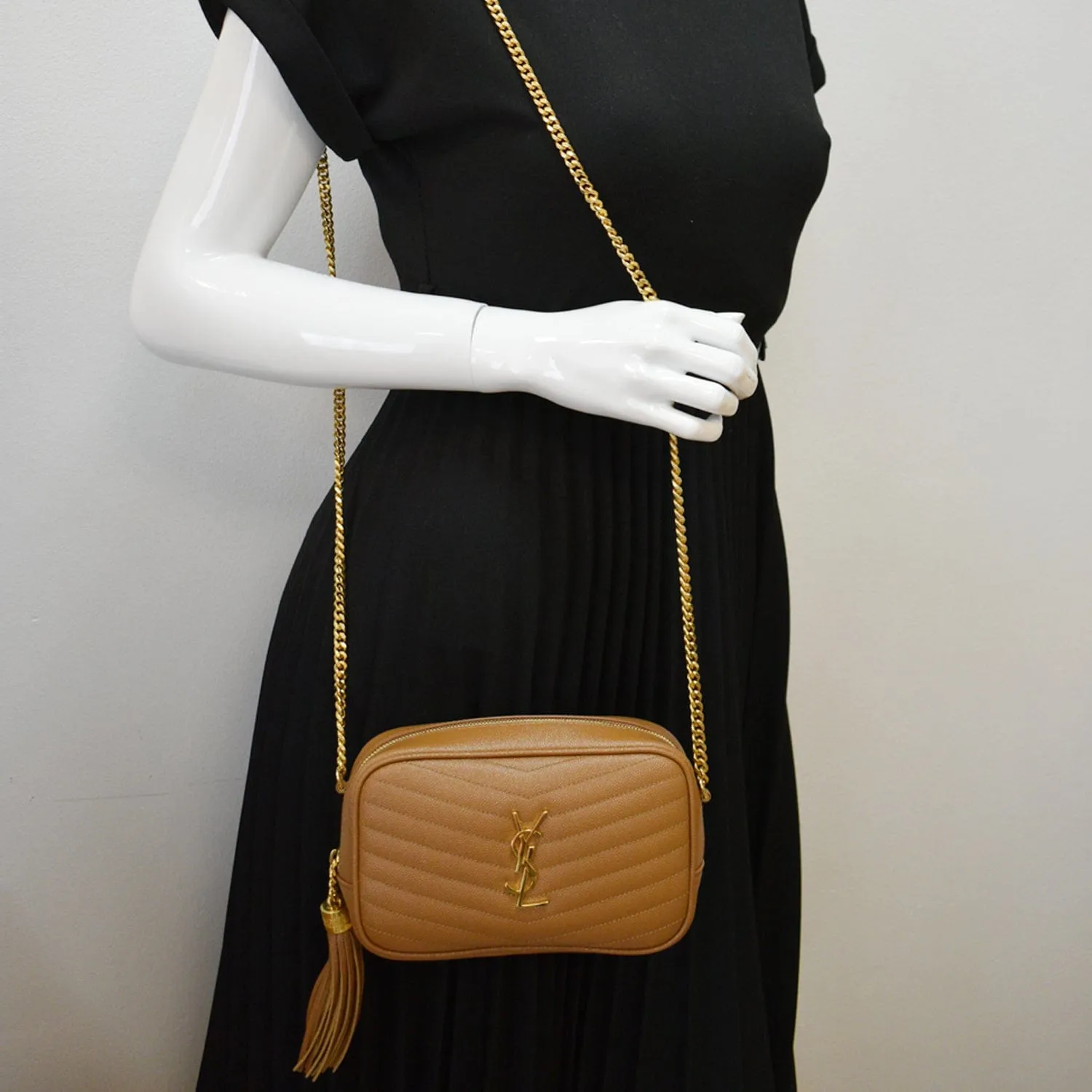 YVES SAINT LAURENT Mini Lou Grain De Poudre Camera Crossbody Bag Dark Natural